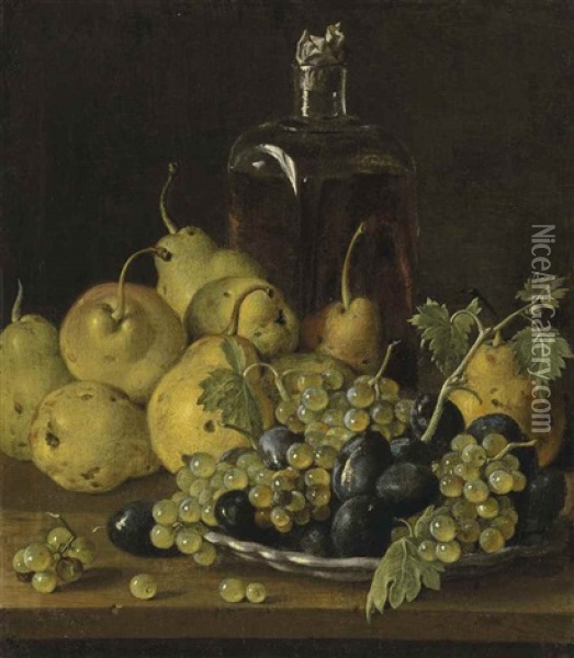 Grapes And Plums On A Plate, With Pears And A Glass Bottle On A Wooden Ledge Oil Painting - Luis Melendez
