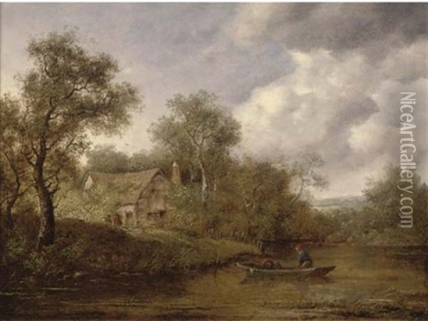 A Fisherman In A Rowing Boat On A River, A Cottage Beyond Oil Painting - Richard H. Hilder