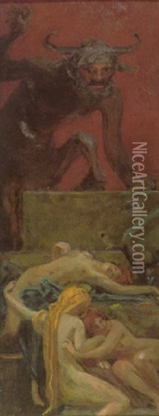 Mythologische Szene Mit Faun Und Nymphen Oil Painting - Maximilian Pirner