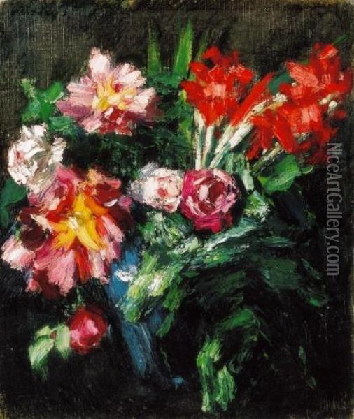 Still-life Of Flowers With Lillies And Roses Oil Painting - Janos Vaszary