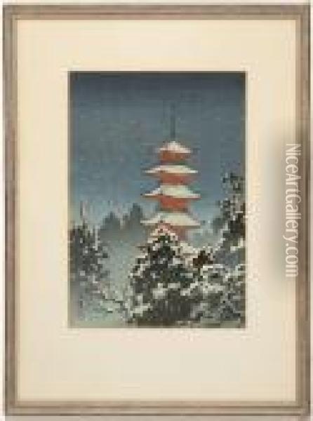 Depicting A Red Temple In Snow Oil Painting - Tsuchiya Koitsu