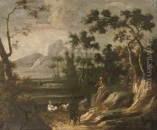 A wooded landscape with herdsmen, mountains beyond Oil Painting - Lodewijk De Vadder