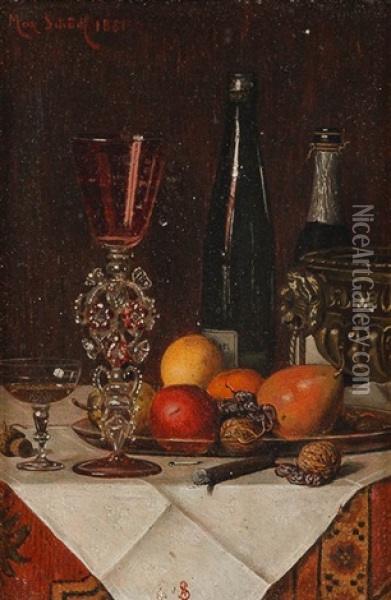 Stillleben Mit Prunkkelch, Silberschale, Champagner Und Obst Sowie Monogrammierter Tischdecke As Oil Painting - Max Schoedl
