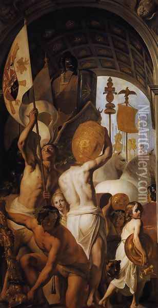 Triumphal Arch with Bearers of the Spoils of War 1648 Oil Painting - Pieter de Grebber