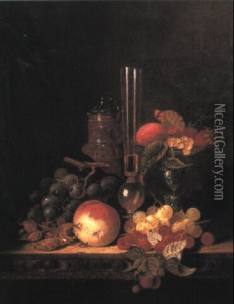 A Gilt Jug, Wine Glass And Fruit On A Table Oil Painting - Edward Ladell