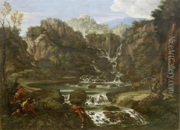 An Extensive River Landscape With A Waterfall Oil Painting - Gaspard Dughet