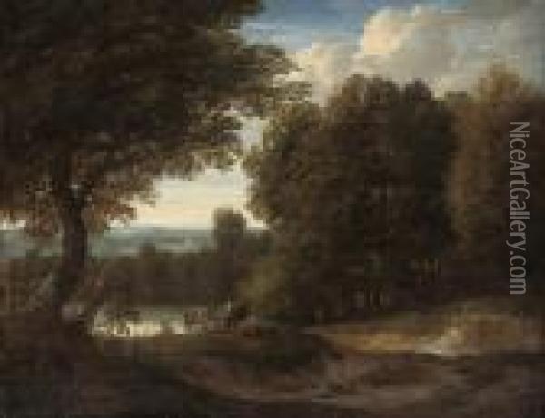 A Wooded Landscape With Herdsman And Their Cattle Oil Painting - Peeter Bout