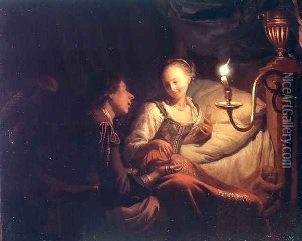 A Candlelight Scene A Man Offering a Gold Chain and Coins to a Girl Seated on a Bed, c.1665-70 Oil Painting - Godfried Schalcken