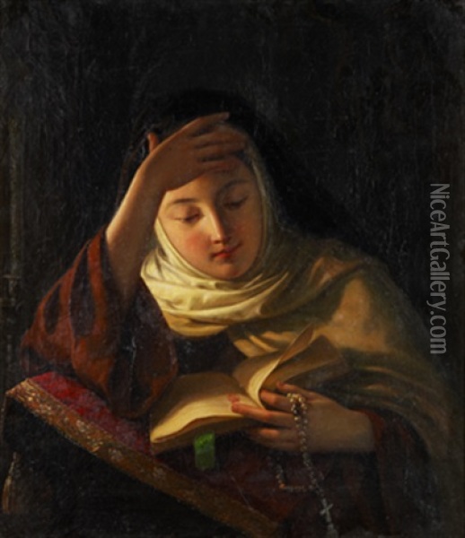 Young Nun At Prayer Oil Painting - Sergei Ivanovich Gribkov