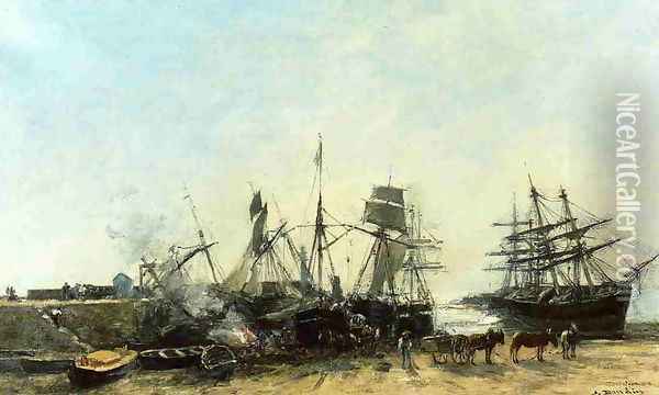 Portrieux, the Port at Low Tide, Unloading Fish Oil Painting - Eugene Boudin