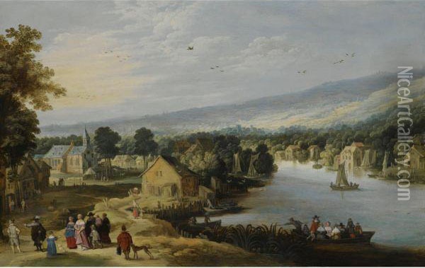 An Extensive Landscape With A Village Near A River, With An Elegant Family On A Path In The Foreground, A Ferryboat And Small Sailing Vessels In The Water, A Church Beyond Oil Painting - Philippe I De Momper