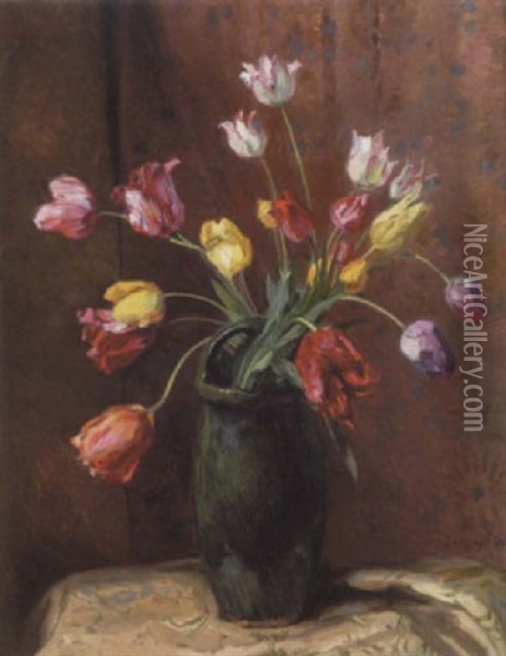 Tulipaner I En Gron Krukke Pa Et Bord Oil Painting - Josef Jungwirth