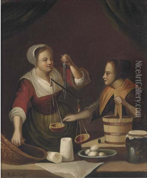 Balancing The Scales; And A Purchase From The Butcher Oil Painting - Gabriel Metsu