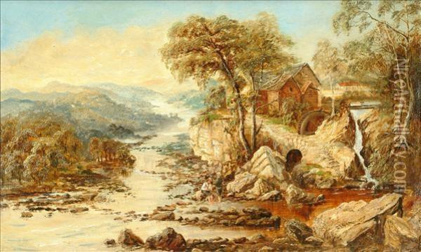 Fishing By The Watermill Oil Painting - Edmund John Niemann, Snr.