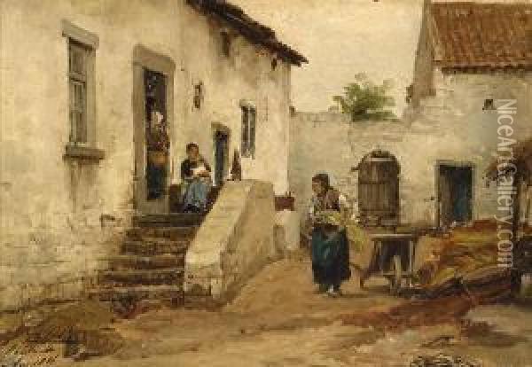 In The Courtyard Oil Painting - Philippe Lodowyck Jacob Sadee