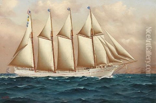 Schooner "mahukona" In Full Sail Oil Painting - William Edgar