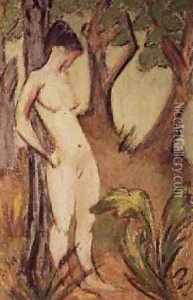 Nude Standing Against a Tree Oil Painting - Otto Mueller