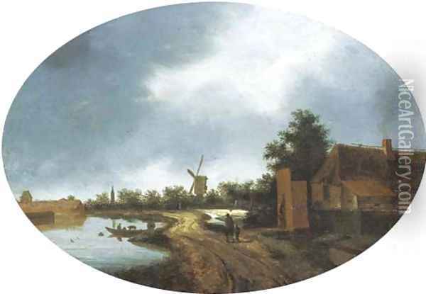 A river landscape with travellers on a path, a windmill beyond Oil Painting - Roelof van Vries