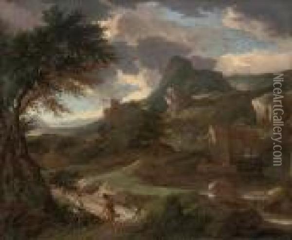 A Mountainous Wooded Landscape With A Shepherd And A Shepherdess On A Track Oil Painting - Aelbert Meyeringh