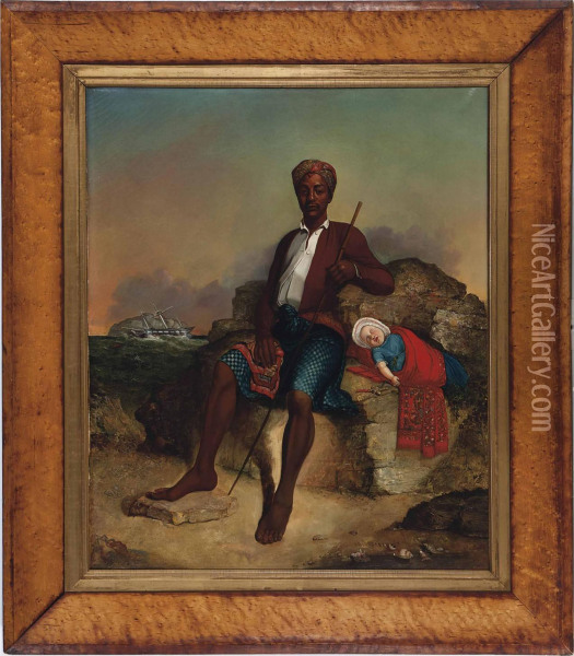 A Man And Child On Land In Front Of A Ship Wreck Oil Painting - J.H. Cobley
