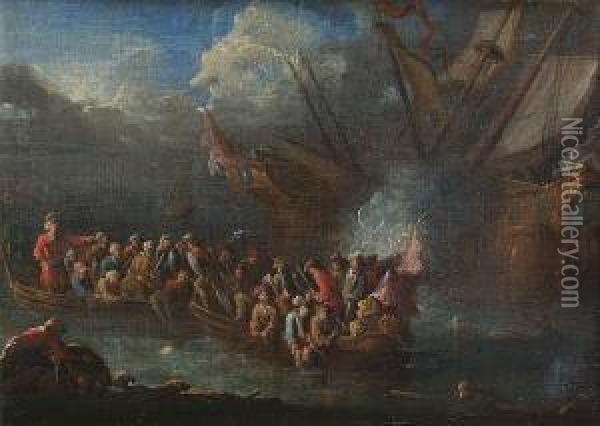 Sailors Escaping From A Burning Ship Oil Painting - Jean Baptist Van Der Meiren
