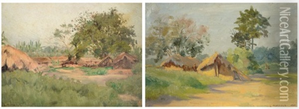 Lokondongo, Boyenghe - L'arbre Aux Ndeke, Tisserins (+ Coin De Village; 2 Works) Oil Painting - Louis Moreels