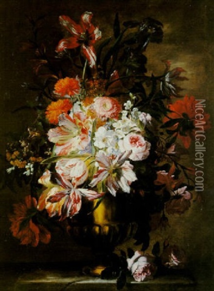 Nature Morte Au Bouquet De Fleurs Dans Un Vase En Bronze Sur Un Entablement De Pierre Oil Painting - Abraham Brueghel