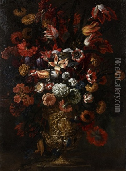 Bouquet De Fleurs Dans Un Vase Richement Sculpte Et Armorie (voir Armoiries) Oil Painting - Bartolommeo Bimbi