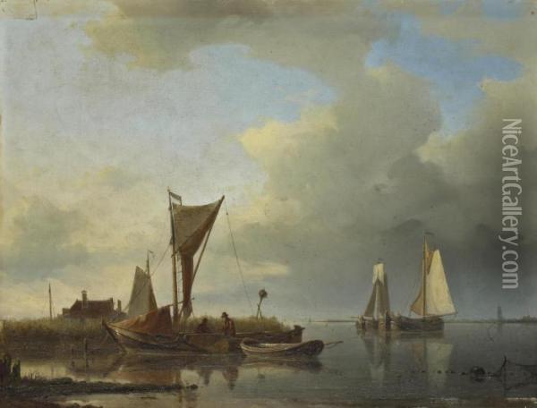 Fishing Boats On A Quiet Estuary Oil Painting - Abraham Hulk Jun.