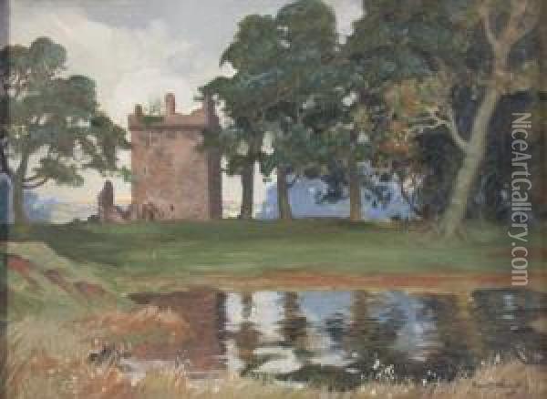 Landscape With Pool, Trees And Castle Oil Painting - Robert Houston