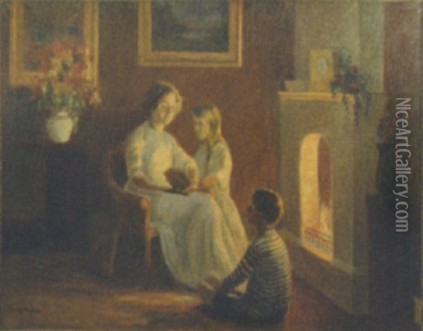 Aftenhygge Ved Pejsen Oil Painting - Poul Friis Nybo