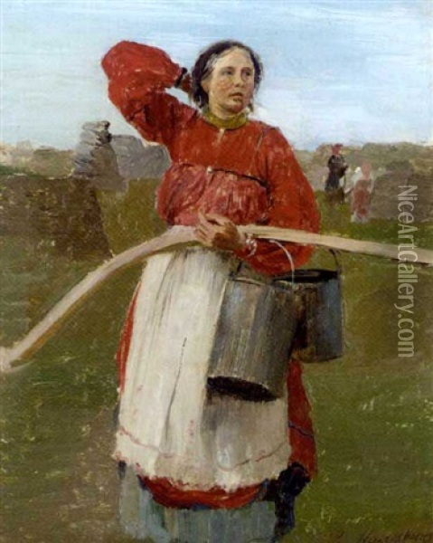 A Woman Carrying A Yoke Oil Painting - Filip Malyavin