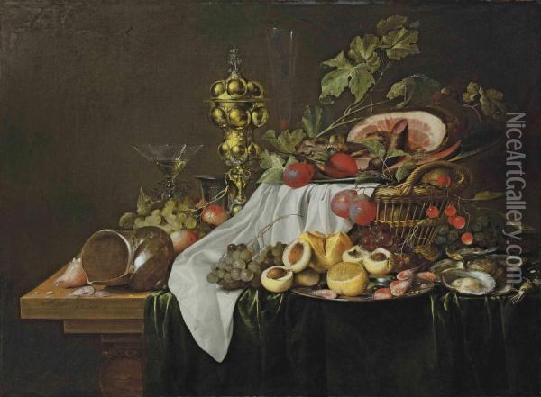 Shells, Shrimps, Peaches, A Facon-de-venise Wine Glass, A Pewtertankard, A Silver-gilt Cup And Cover, Shrimps, Nectarines And Alemon On A Pewter Plate, With Grapes, Oysters, A Bread Roll And Abasket Of Fruit Surmounted By A Pewter Plate With A Ham, On Apa Oil Painting - Heem De Jan Davidsz & Studio