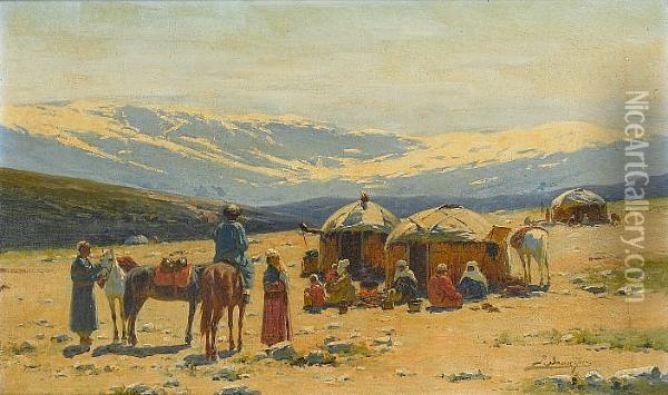 Kirghiz Nomads Before The Mountains Oil Painting - Richard Karlovich Zommer