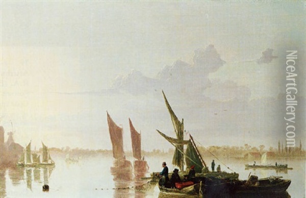 Fishermen On A River At Evening Oil Painting - James M. Burnet