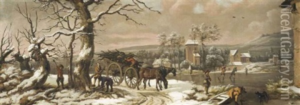 A Wooded Winter Landscape With Figures Chopping Wood Beside A Horse-drawn Cart With Skaters On A Frozen River, A Village Beyond Oil Painting - Jules Cesar Denis van Loo