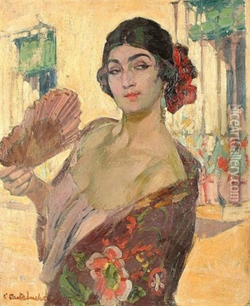 Flamenco Dancer With Fan (+ Harbour Scene, Verso) Oil Painting - Claudio Castelucho Diana