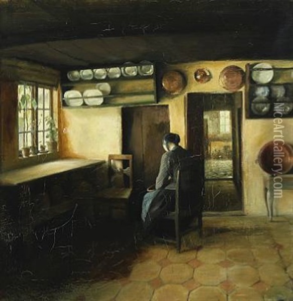 Interior With A Woman In The Kitchen Oil Painting - Carl Vilhelm Holsoe