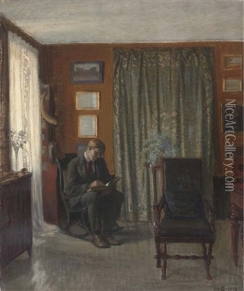 A Writer In An Interior Oil Painting - Malthe Odin Engelstedt