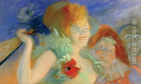 Carnaval, Colombine Arlequin Et Pierrot Oil Painting - Jules Cheret