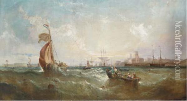 Shipping Off The Entrance To Portsmouth Harbour Oil Painting - William Calcott Knell