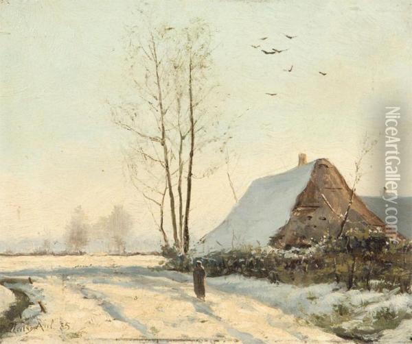Woman Near A Farmhouse In Winter. Oil Painting - Henry Rul