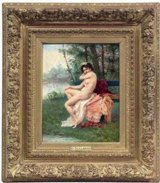 A Female Nude Ona Park Bench Oil Painting - Jules Scalbert