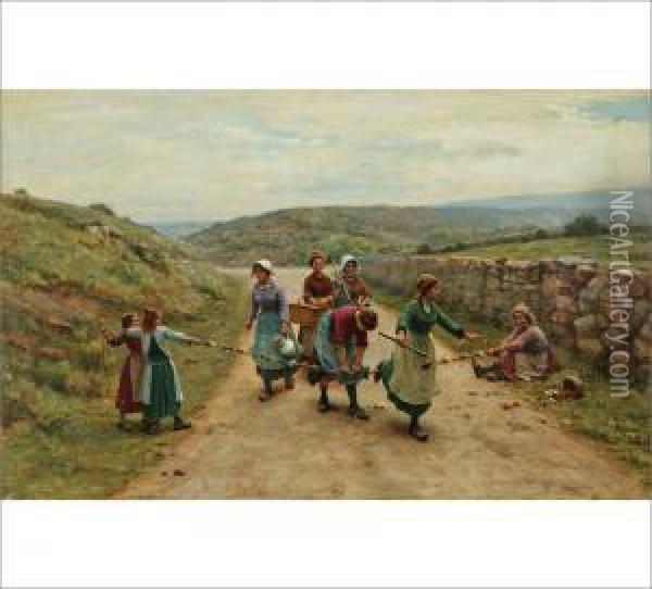 Bretonne Children Playing On A Village Road Oil Painting - Cesar Pattein