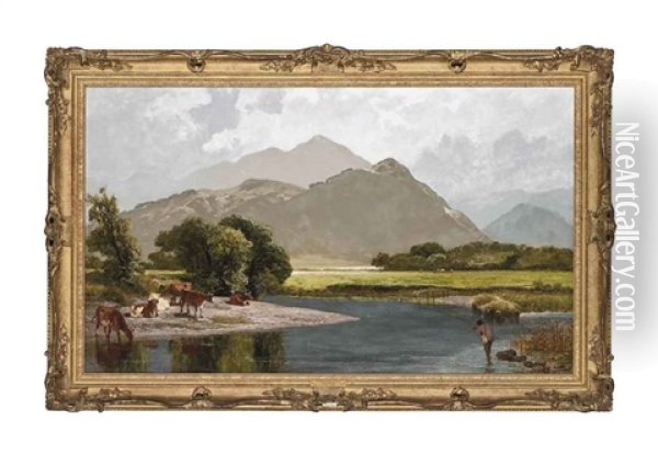 Fishing On The Derwent, Borrowdale Oil Painting - James Peel