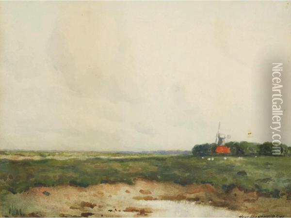 A Landscape With A Windmill Oil Painting - Hans Nicolaj Hansen