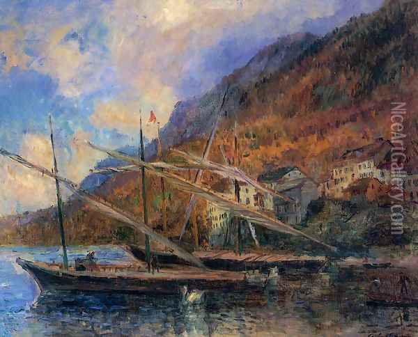Boats by the Banks of Lake Geneva at Saint-Gingolph Oil Painting - Albert Lebourg