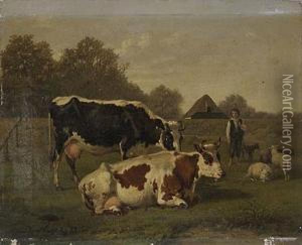 Pastor Con Vacas Y Corderos,1859 Oil Painting - Jean Louis van Kuyck