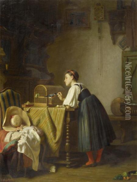 An Interior Scene With A Girl Oil Painting - Johann Caspar Bosshardt