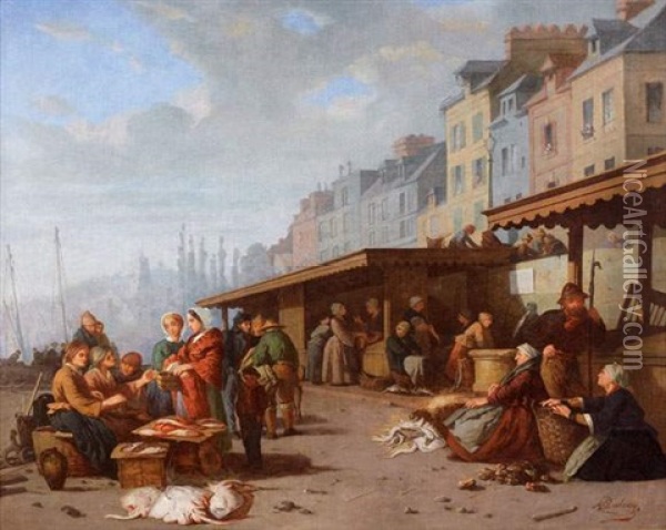 Marche A Honfleur Oil Painting - Alexandre Dubourg